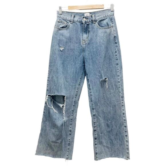 Princess Polly Wide Leg Distressed Raw Hem Cropped Jeans Medium Wash Size 6 - Picture 10 of 10